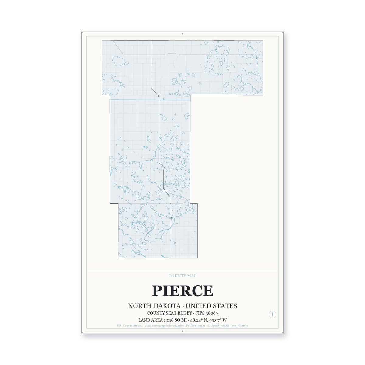Pierce County, North Dakota Map Aluminum Sign in Gallery Air style