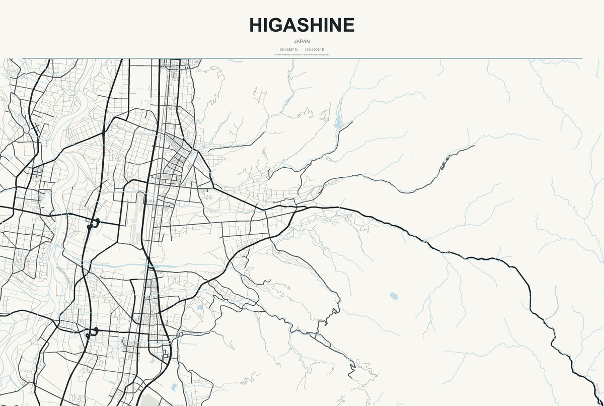 Higashine, Japan City Map Aluminum Sign in Headline Atlas style