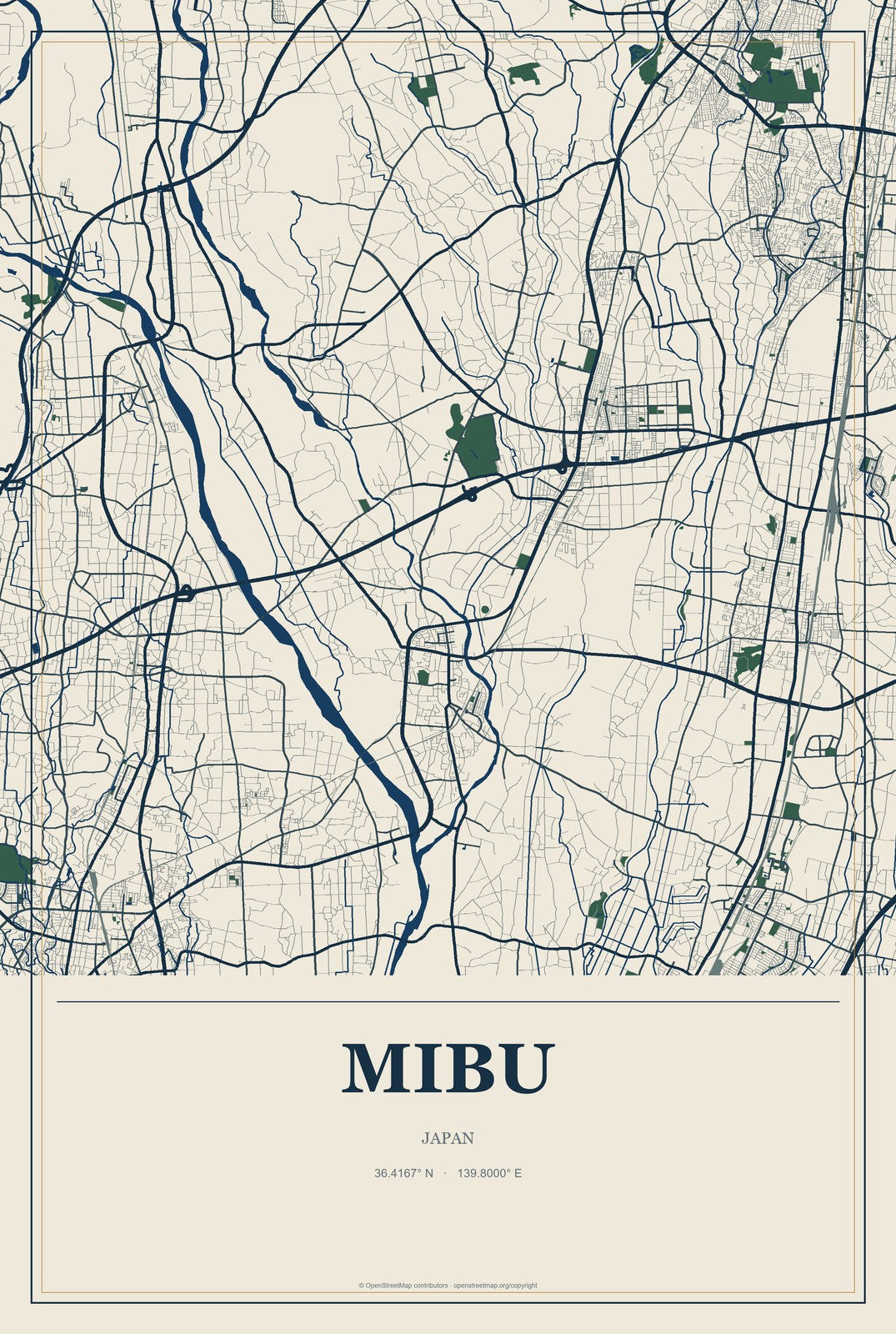 Mibu, Japan City Map Aluminum Sign in Coastal Cutout style