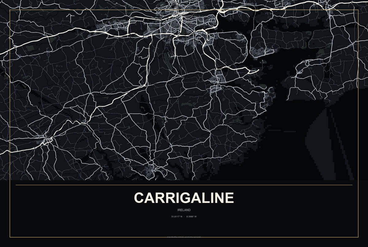Carrigaline, Ireland City Map Aluminum Sign in Metropolitan Noir style