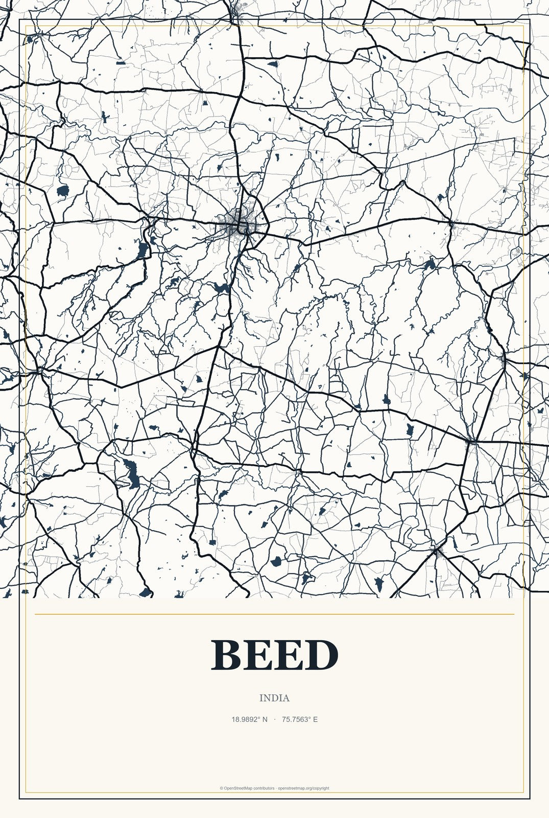 Beed, India City Map Aluminum Sign in Citrine Modern style