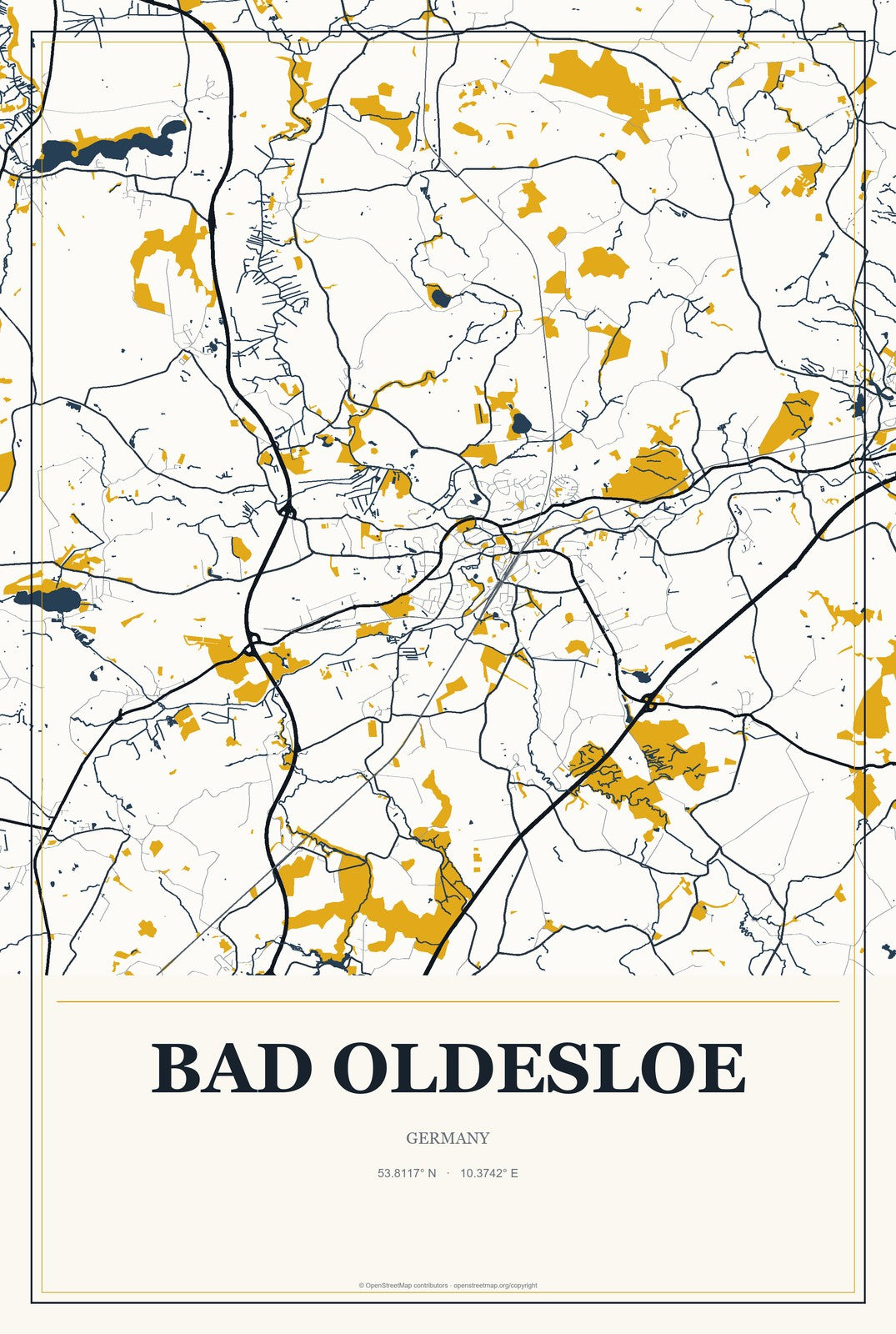 Bad Oldesloe, Germany City Map Aluminum Sign in Citrine Modern style