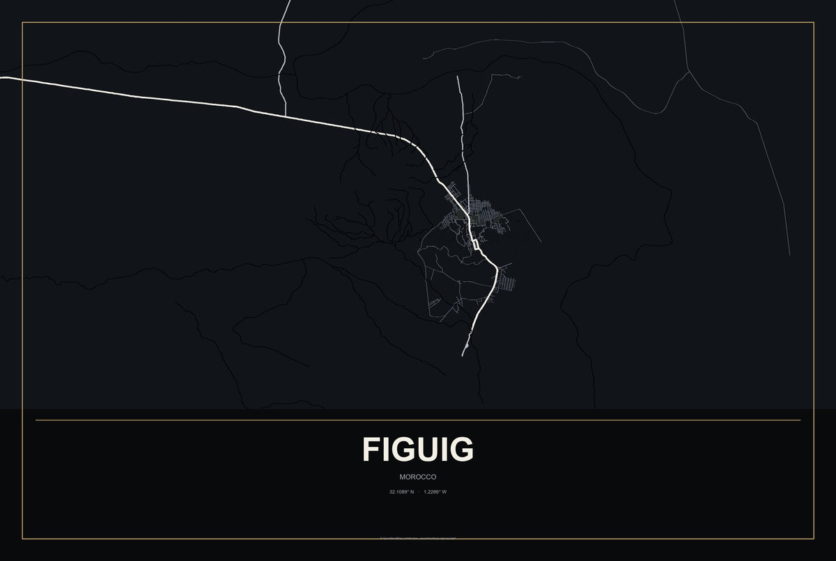 Figuig, Morocco City Map Aluminum Sign in Metropolitan Noir style
