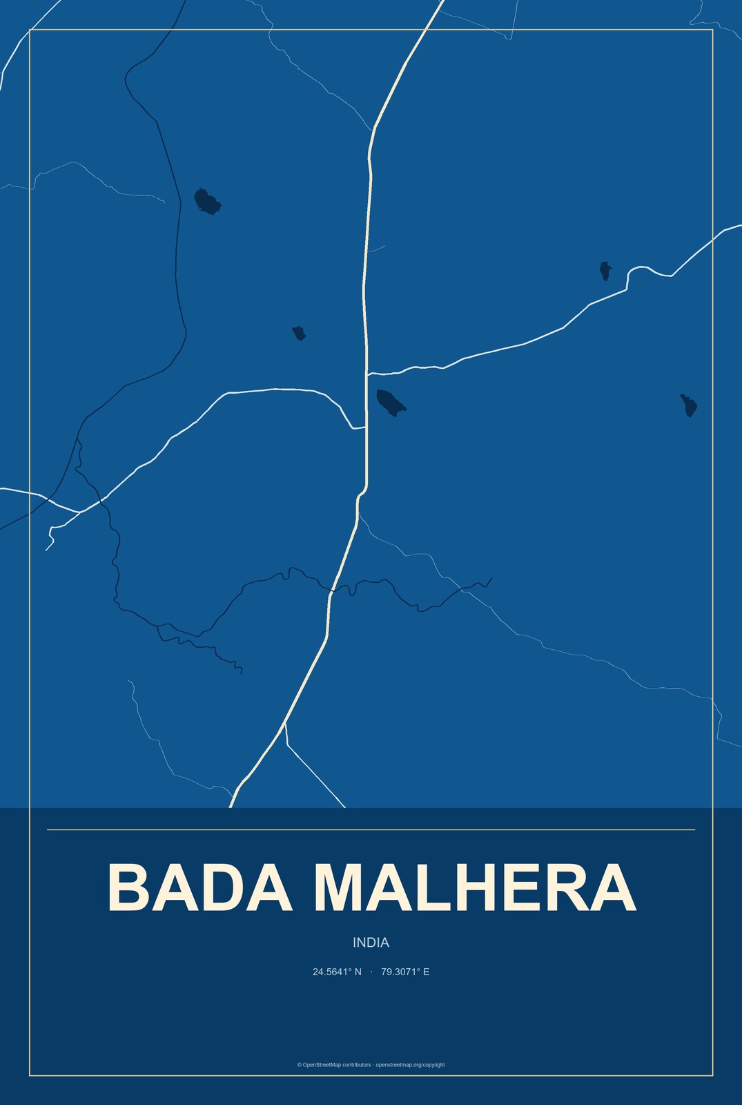 Bada Malhera, India City Map Aluminum Sign in Harbor Cobalt style