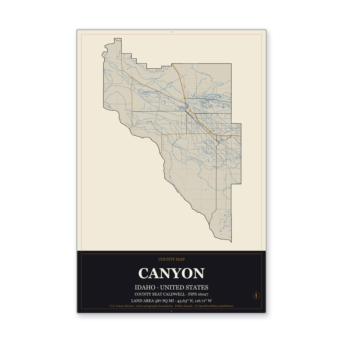 Canyon County, Idaho Map Aluminum Sign in Museum Plaque style