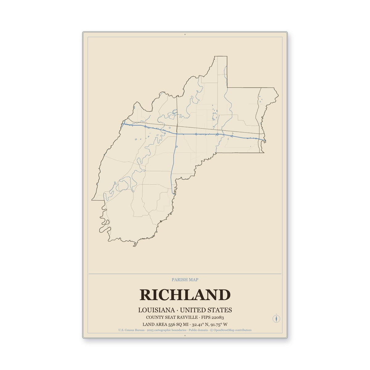 Richland Parish, Louisiana Map Aluminum Sign in Heritage Nautical style
