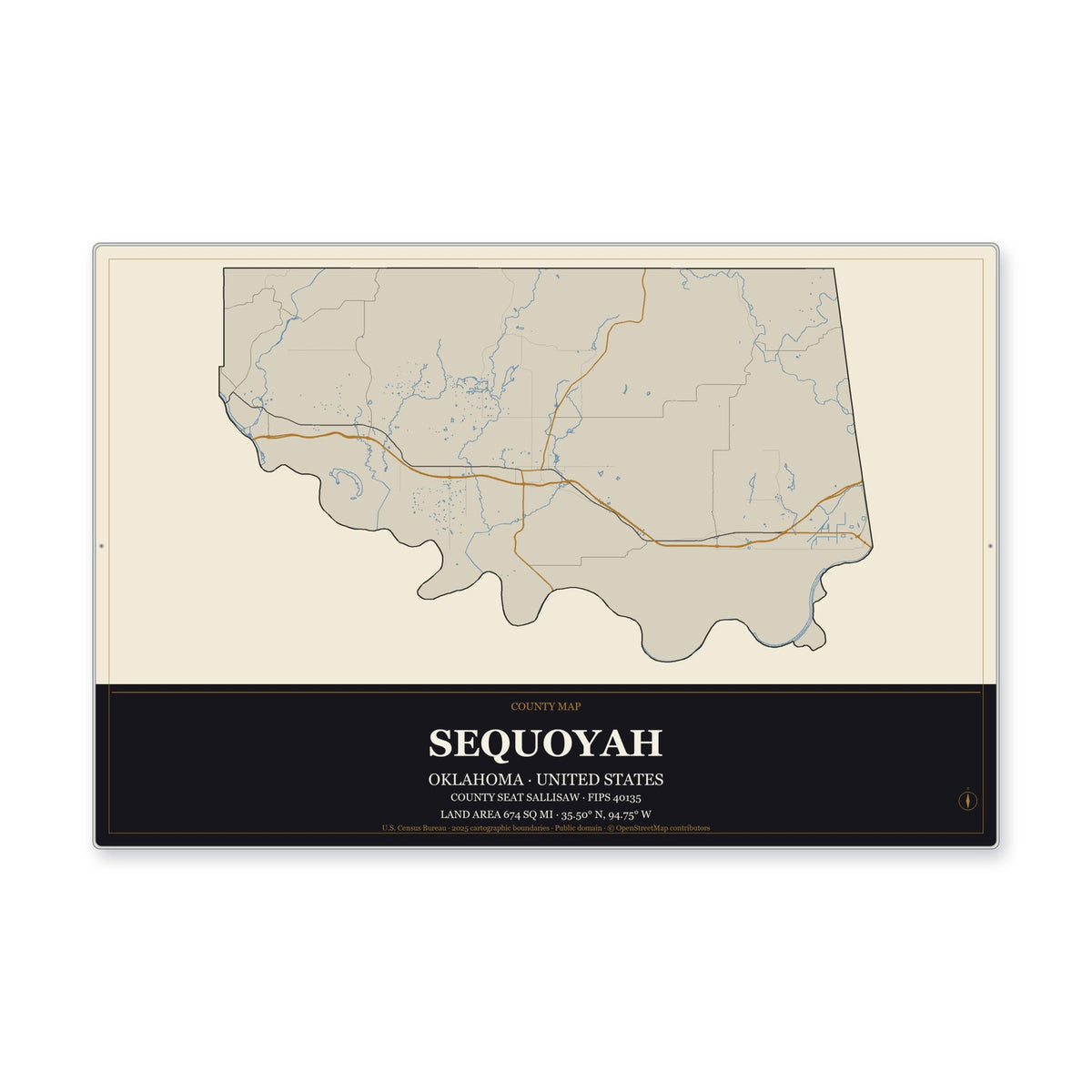 Sequoyah County, Oklahoma Map Aluminum Sign in Museum Plaque style