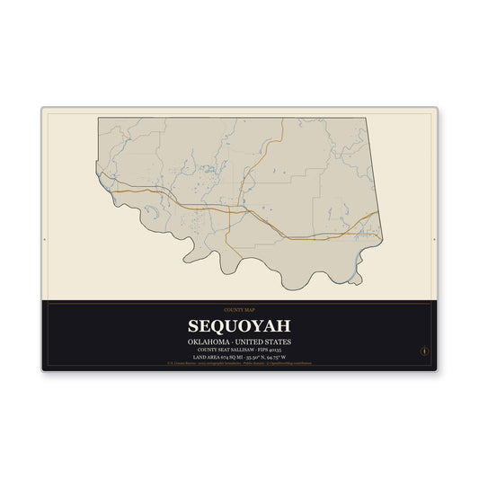 Sequoyah County, Oklahoma Map Aluminum Sign in Museum Plaque style