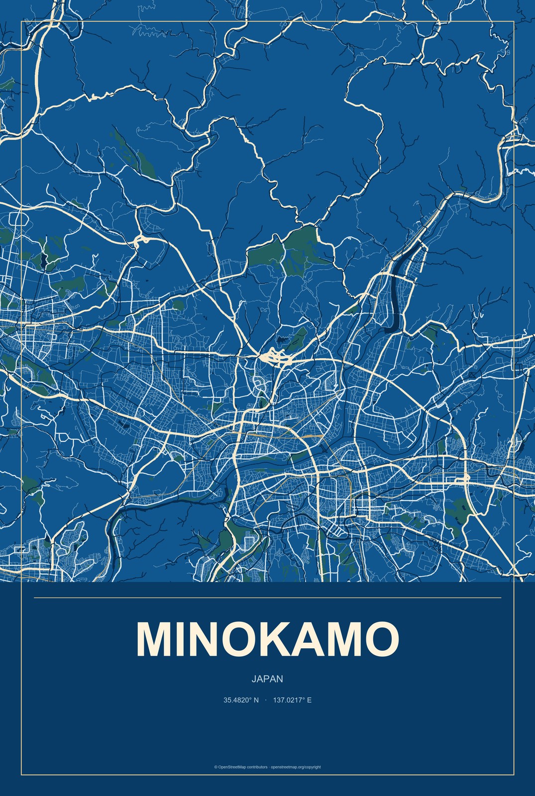 Minokamo, Japan City Map Aluminum Sign in Harbor Cobalt style