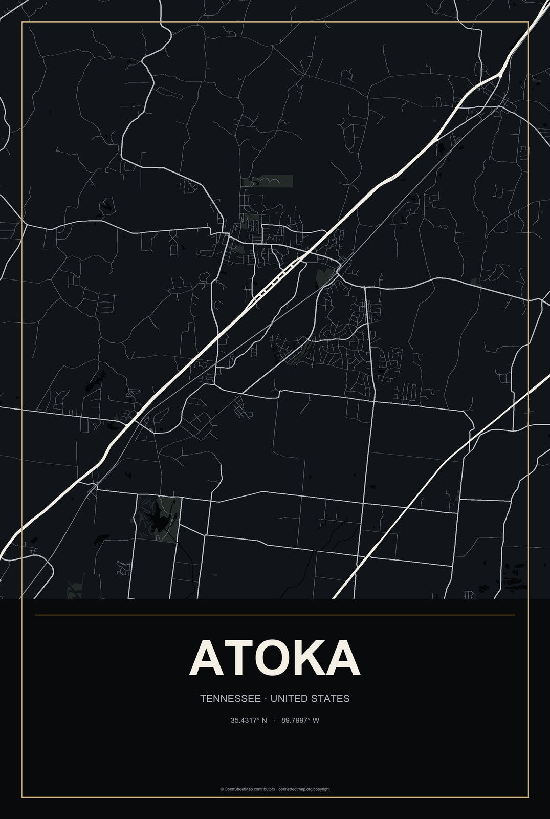 Atoka, Tennessee City Map Aluminum Sign in Metropolitan Noir style
