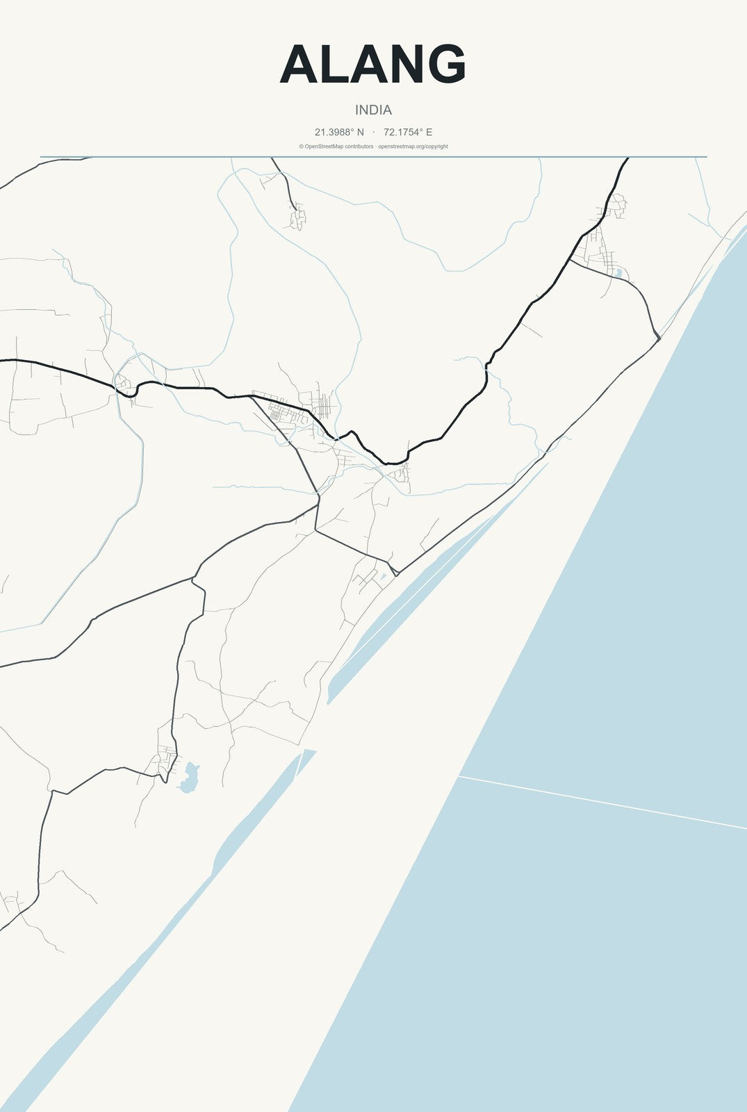 Alang, India City Map Aluminum Sign in Headline Atlas style