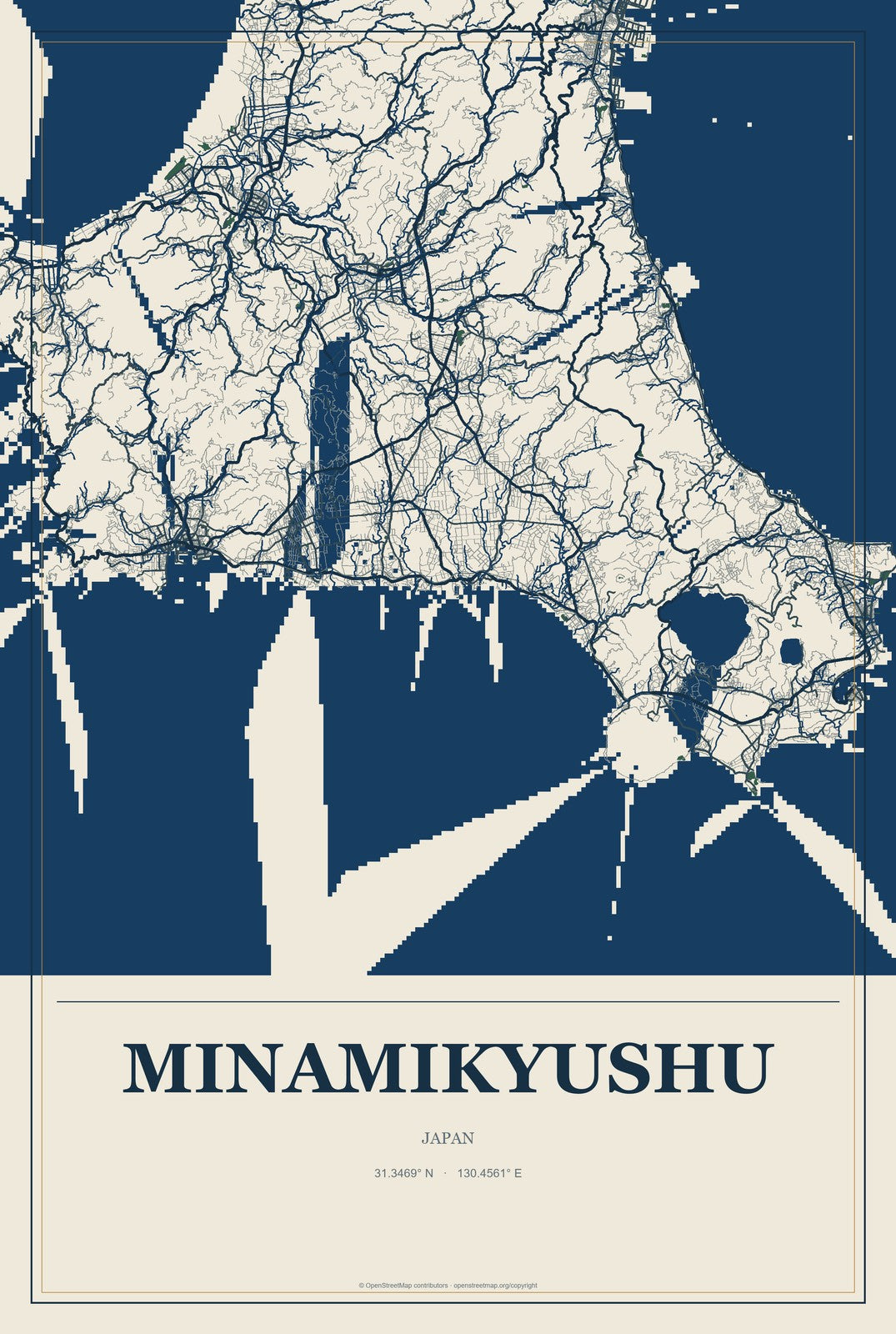 Minamikyushu, Japan City Map Aluminum Sign in Coastal Cutout style