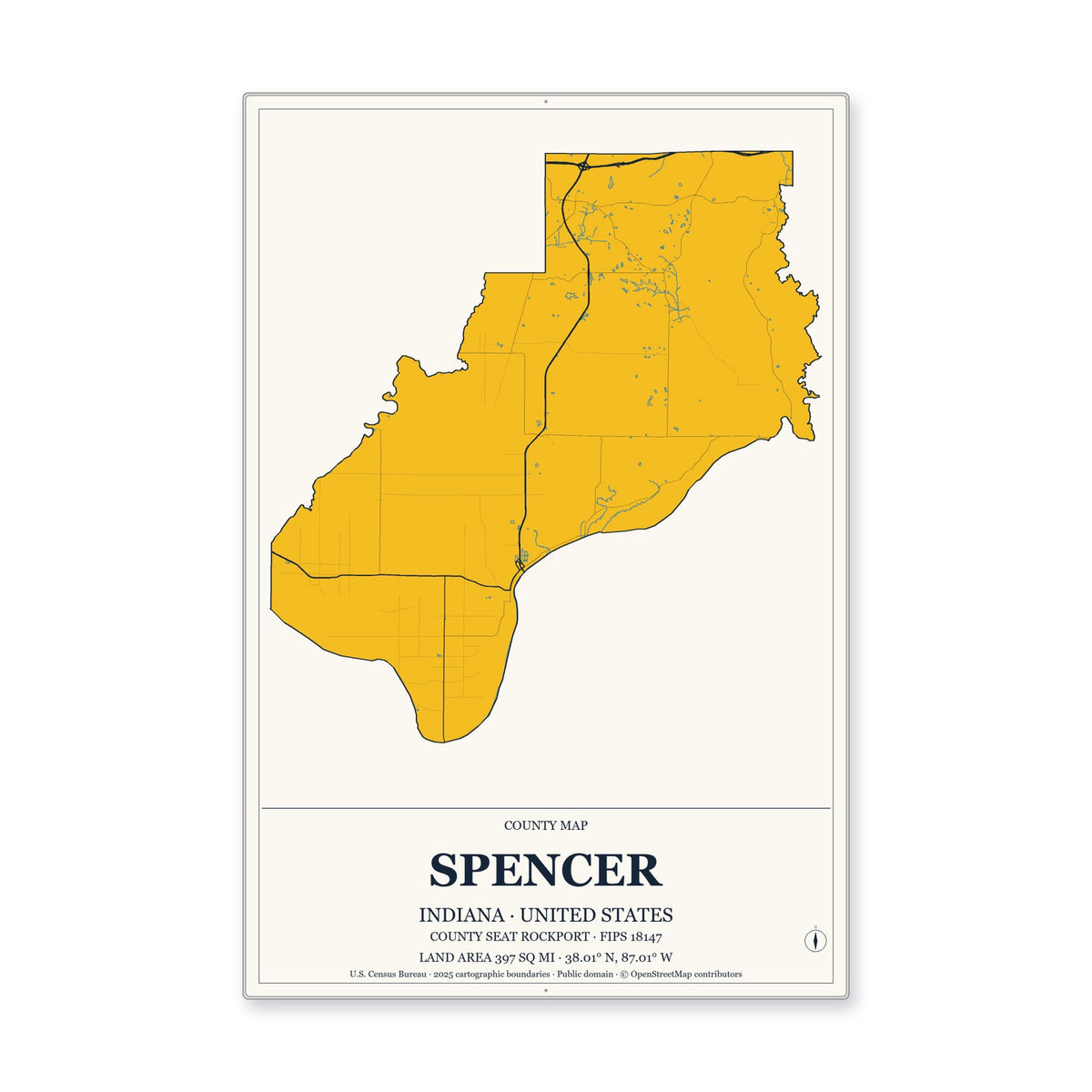 Spencer County, Indiana Map Aluminum Sign in Citrine Modern style