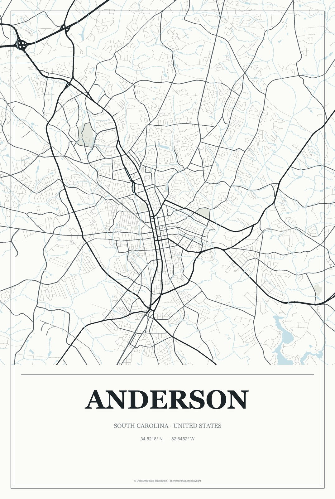Anderson, South Carolina City Map Aluminum Sign in Gallery Air style