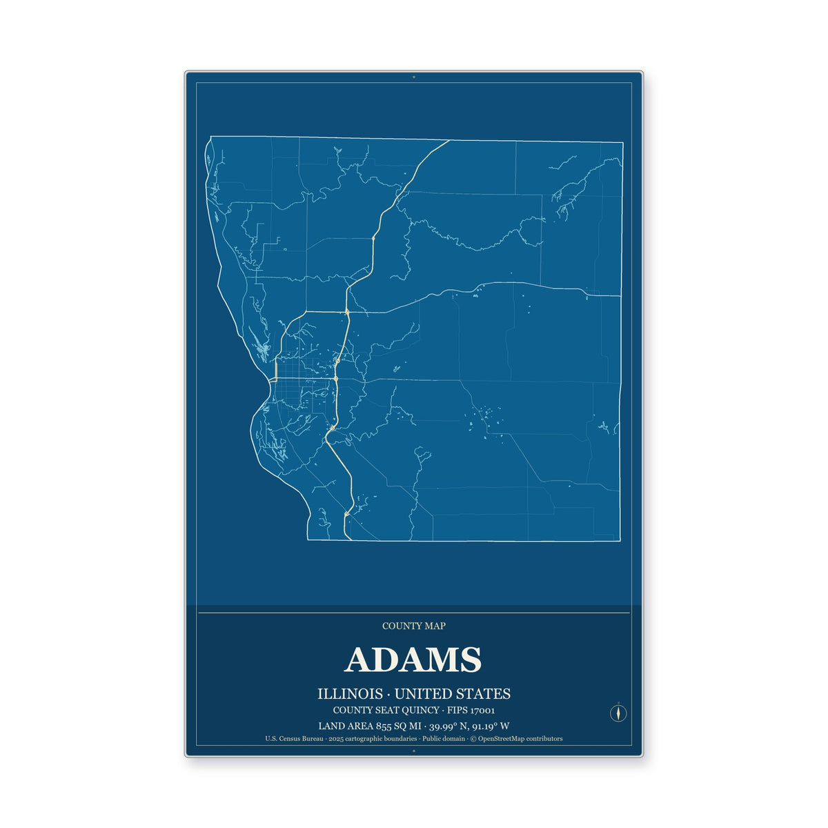 Adams County, Illinois Map Aluminum Sign in Harbor Cobalt style