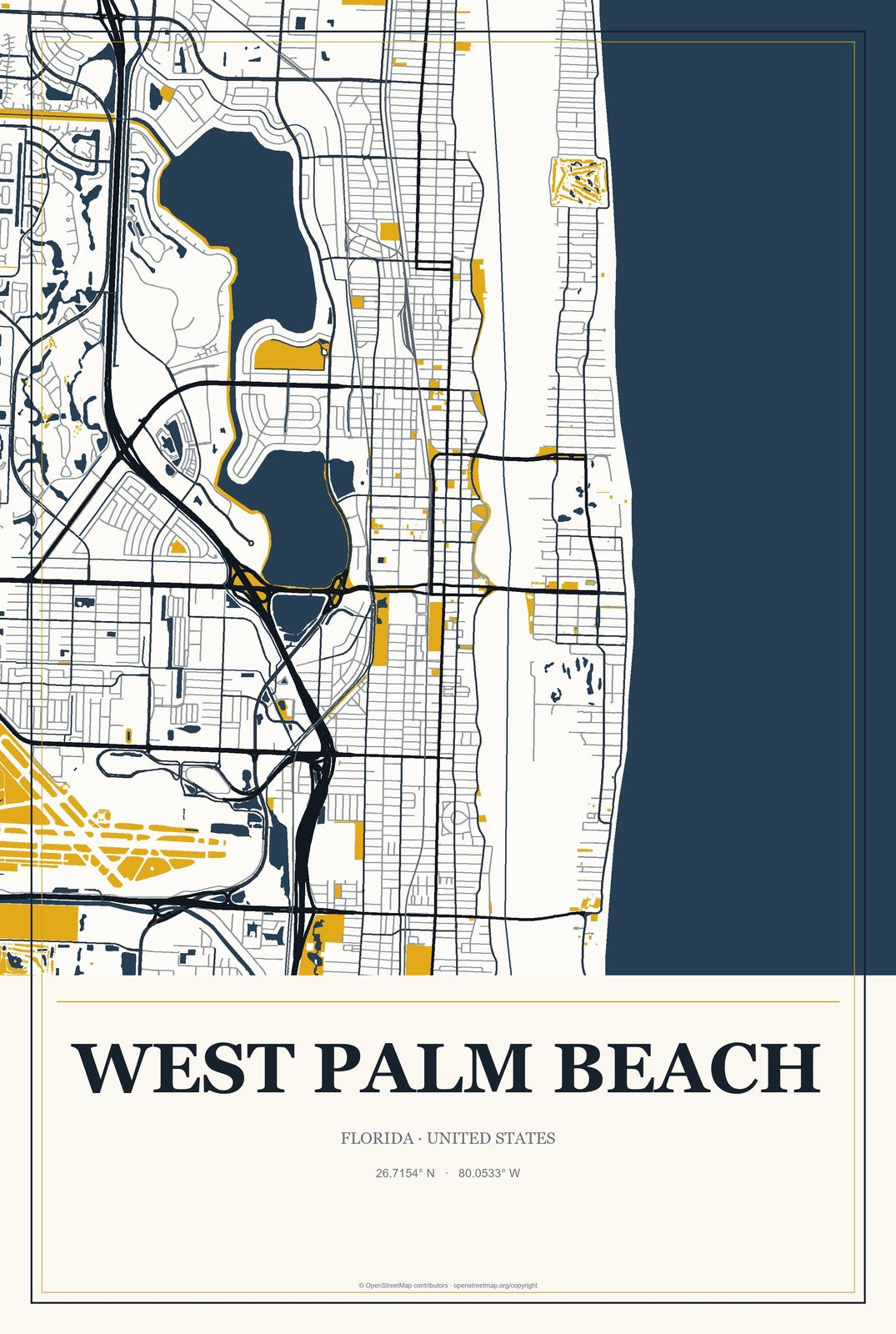 West Palm Beach, Florida City Map Aluminum Sign in Citrine Modern style