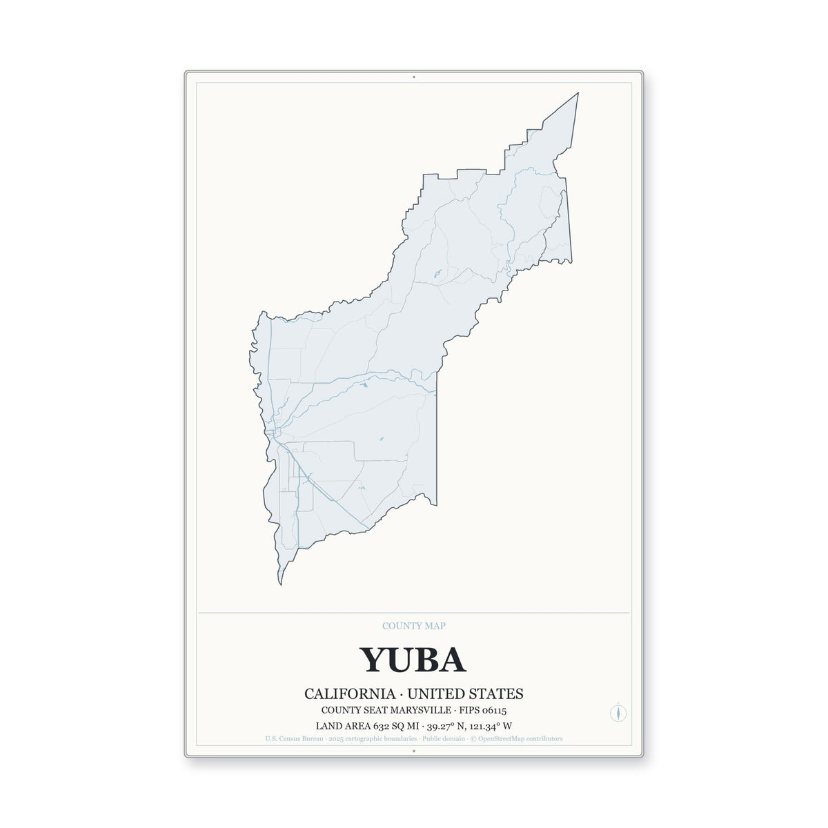 Yuba County, California Map Aluminum Sign in Gallery Air style