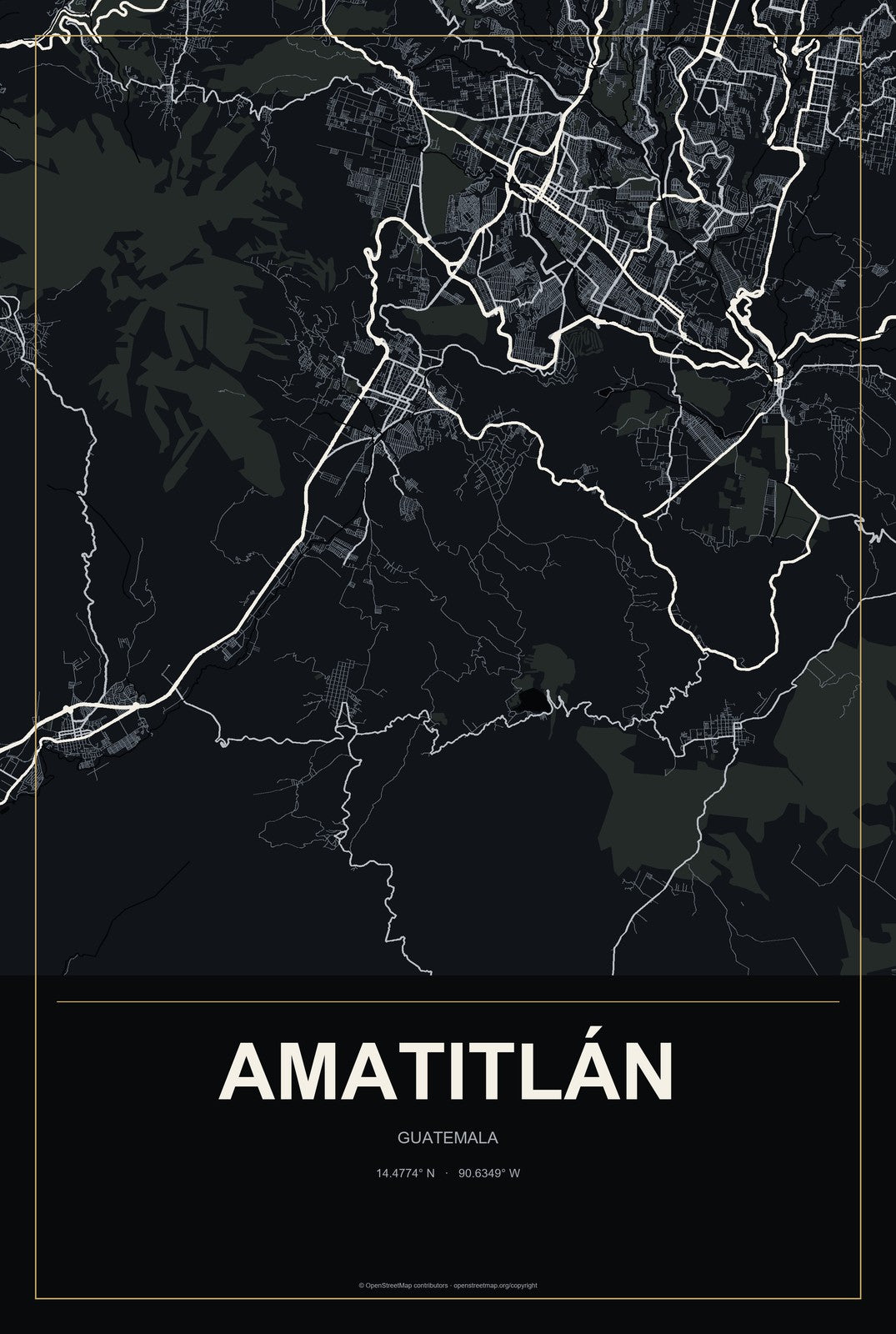Amatitlán, Guatemala City Map Aluminum Sign in Metropolitan Noir style