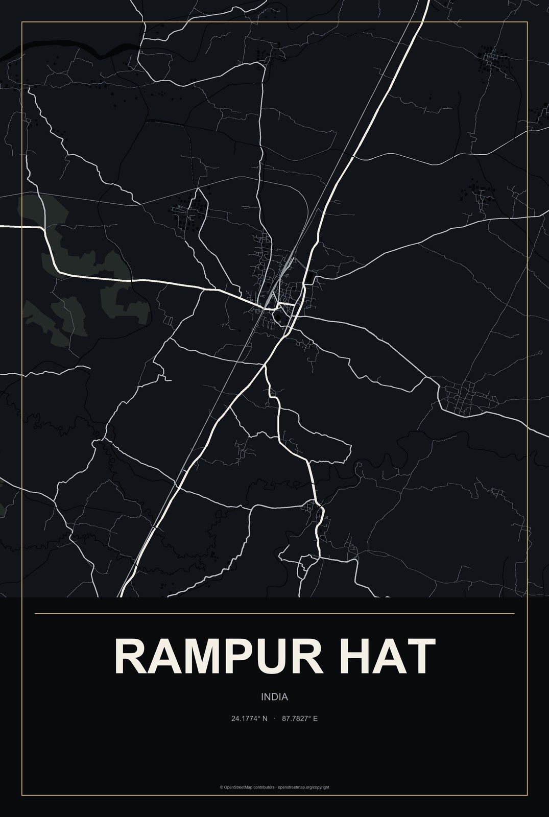 Rampur Hat, India City Map Aluminum Sign in Metropolitan Noir style