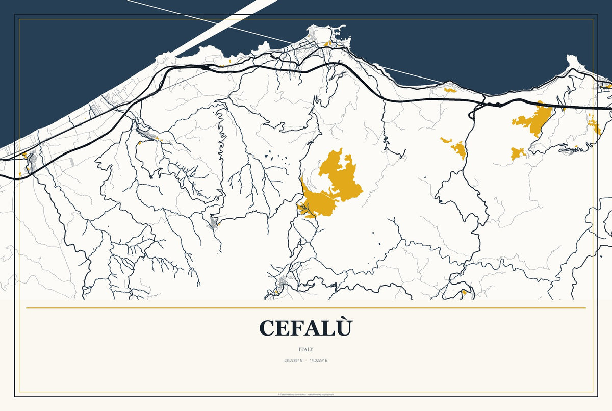 Cefalù, Italy City Map Aluminum Sign in Citrine Modern style