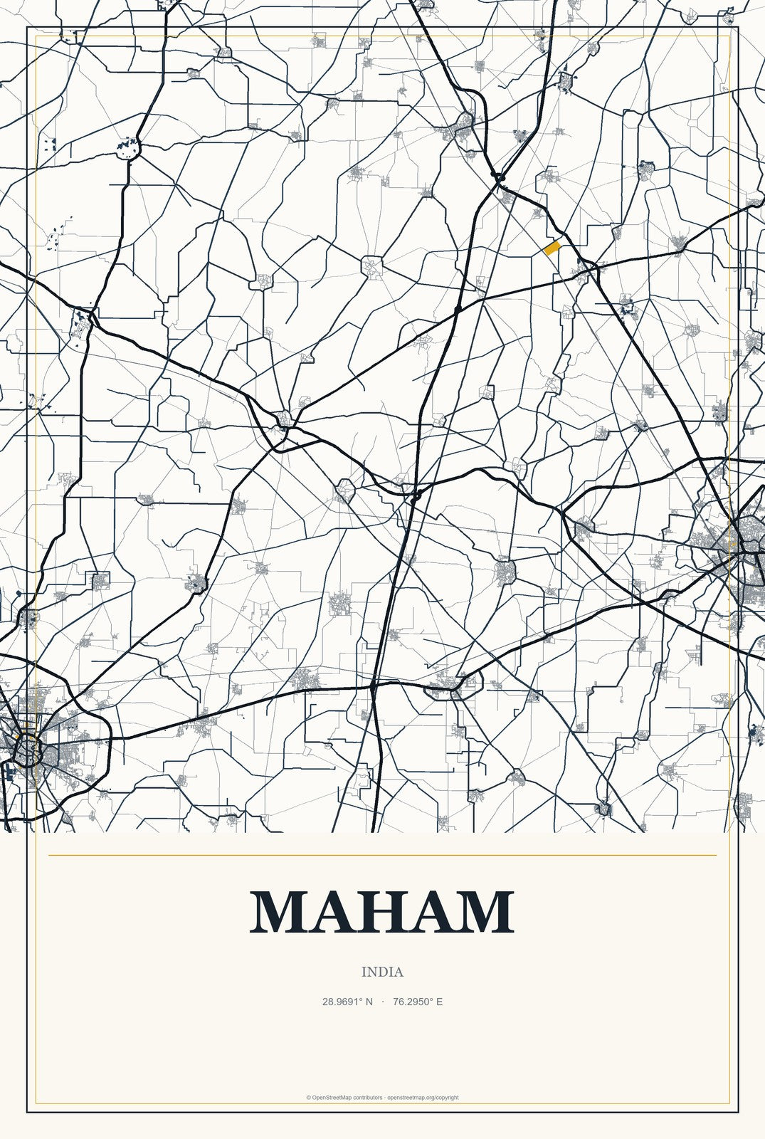 Maham, India City Map Aluminum Sign in Citrine Modern style