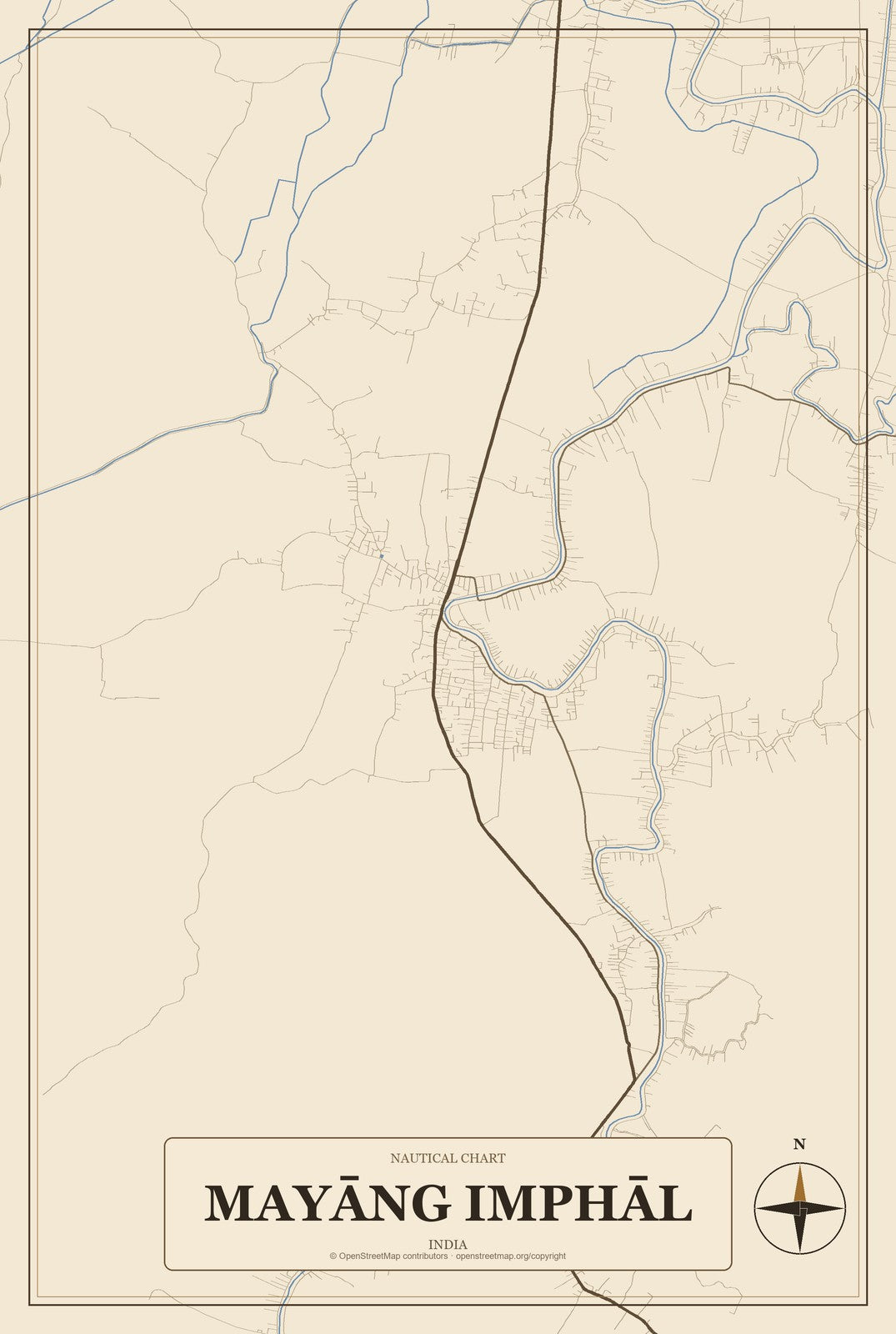 Mayāng Imphāl, India City Map Aluminum Sign in Heritage Nautical style