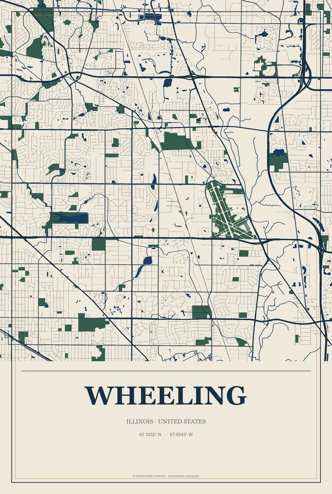 Wheeling, Illinois City Map Aluminum Sign in Coastal Cutout style