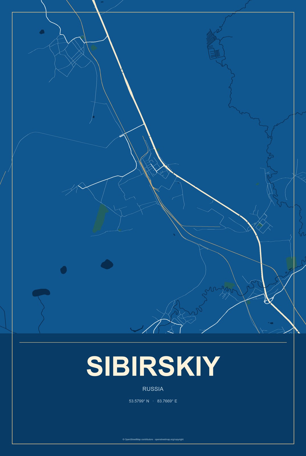 Sibirskiy, Russia City Map Aluminum Sign in Harbor Cobalt style