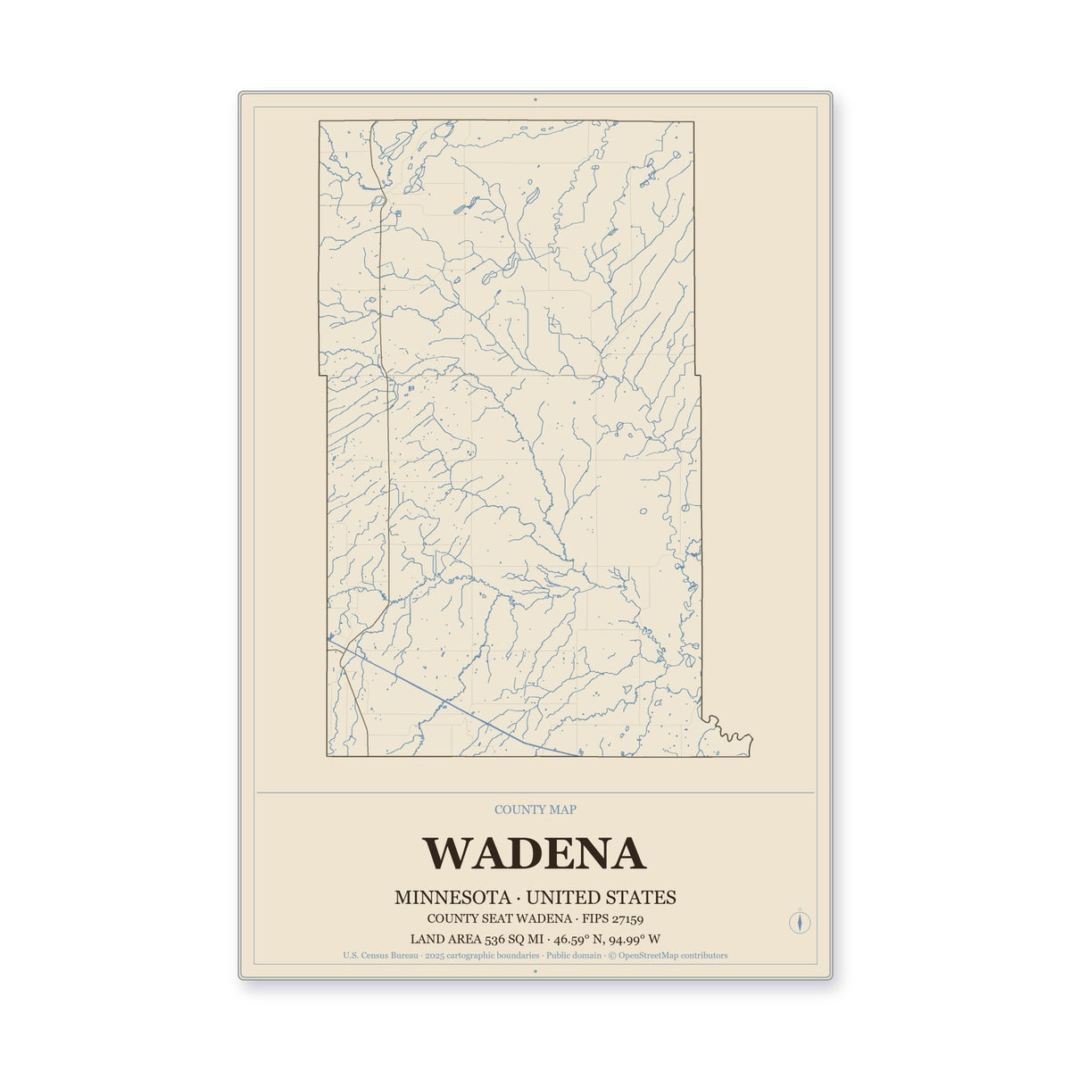 Wadena County, Minnesota Map Aluminum Sign in Heritage Nautical style