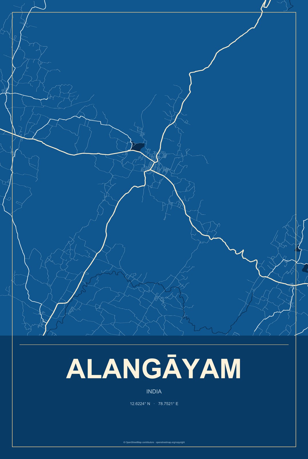Alangāyam, India City Map Aluminum Sign in Harbor Cobalt style