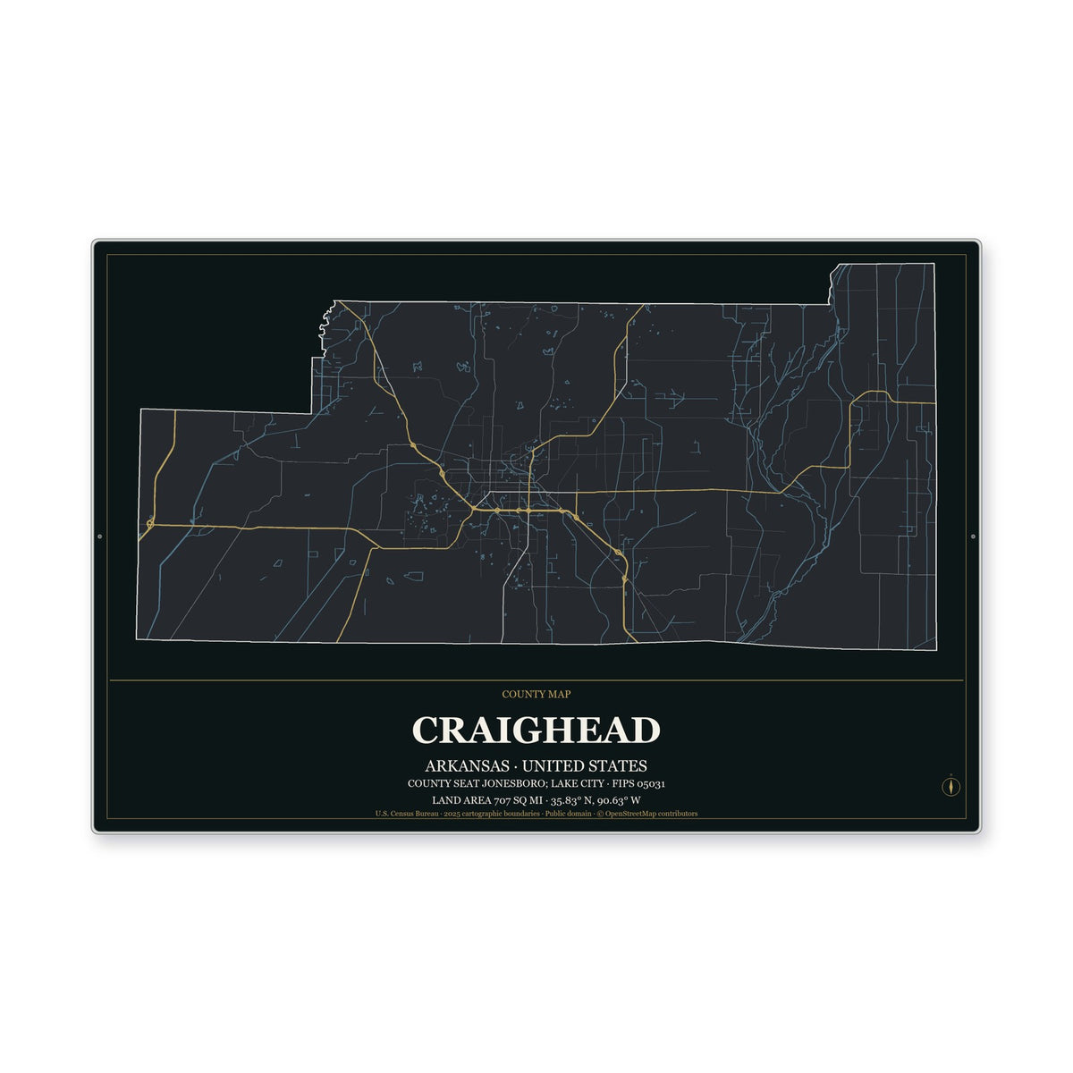 Craighead County, Arkansas Map Aluminum Sign in Metropolitan Noir style