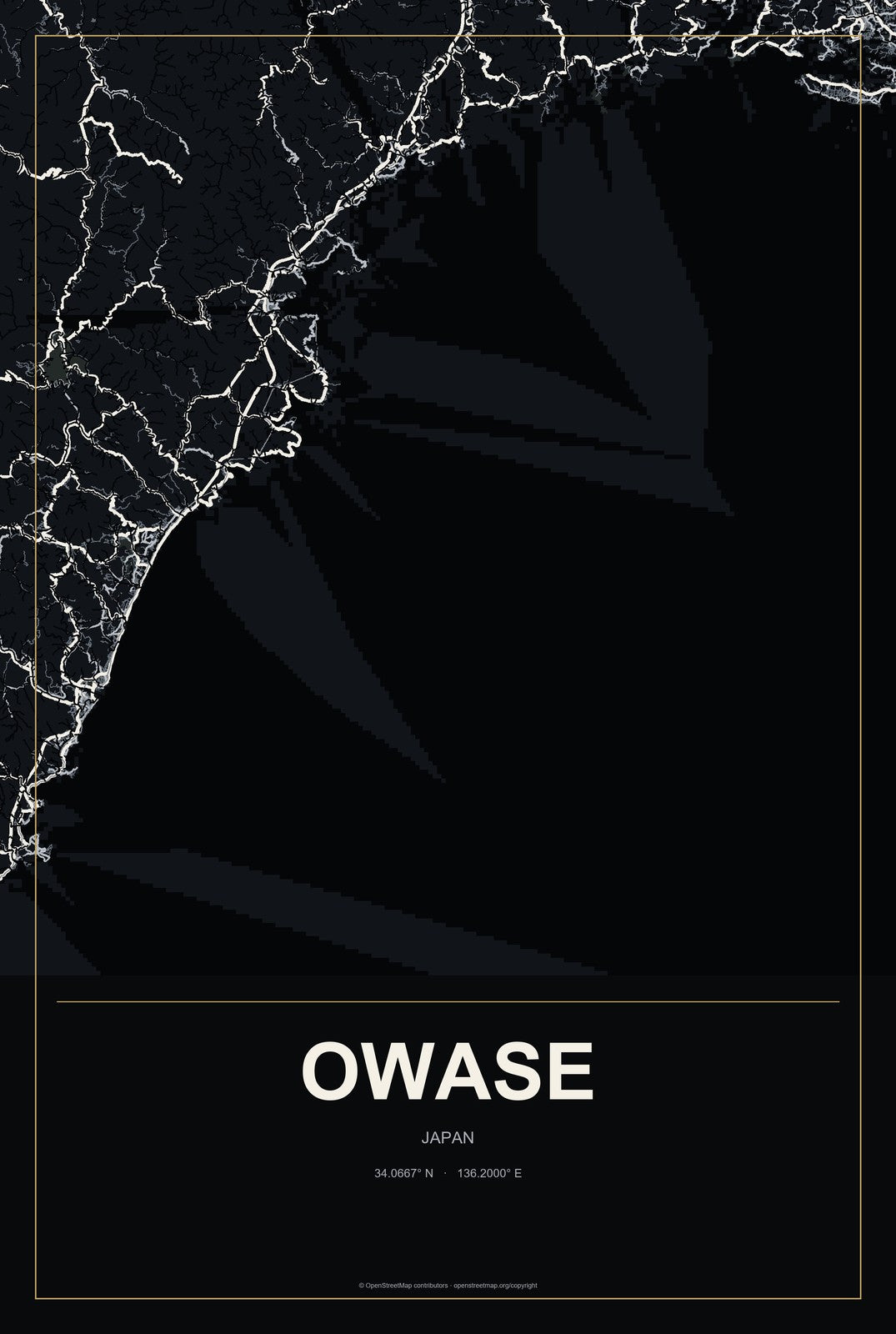 Owase, Japan City Map Aluminum Sign in Metropolitan Noir style