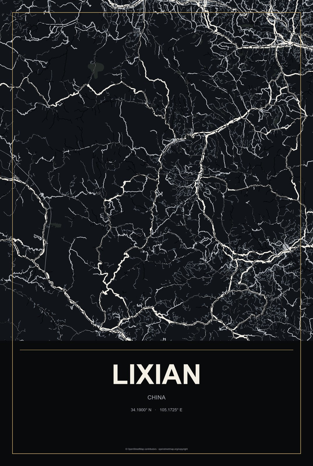Lixian, China City Map Aluminum Sign in Metropolitan Noir style