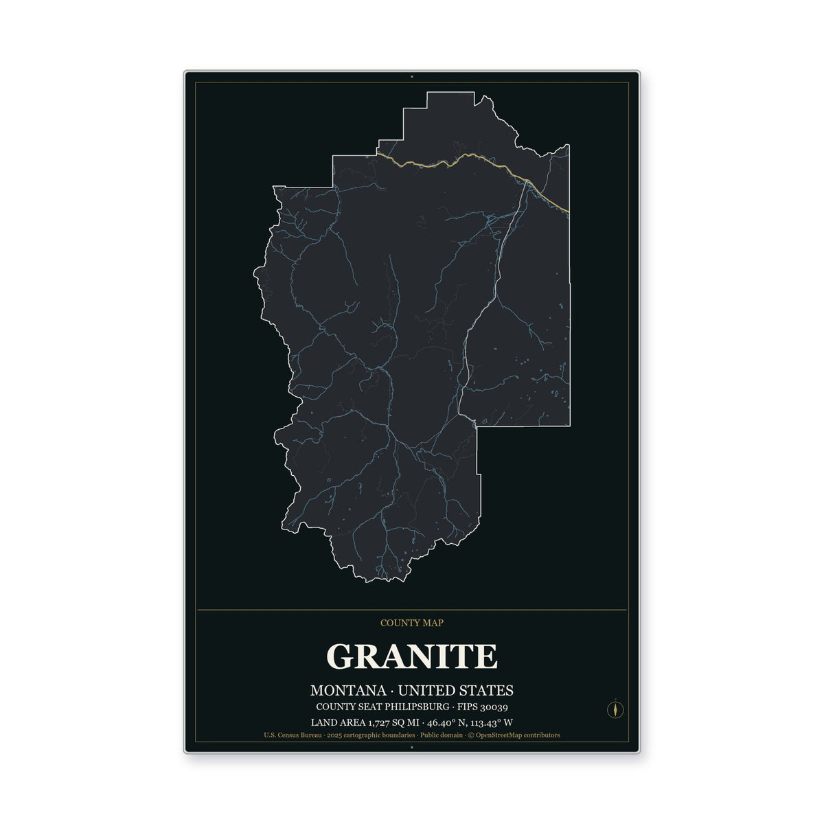 Granite County, Montana Map Aluminum Sign in Metropolitan Noir style