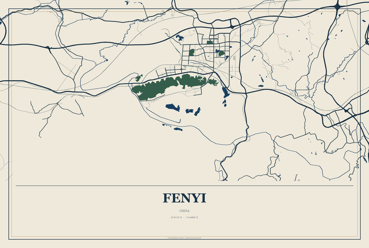 Fenyi, China City Map Aluminum Sign in Coastal Cutout style