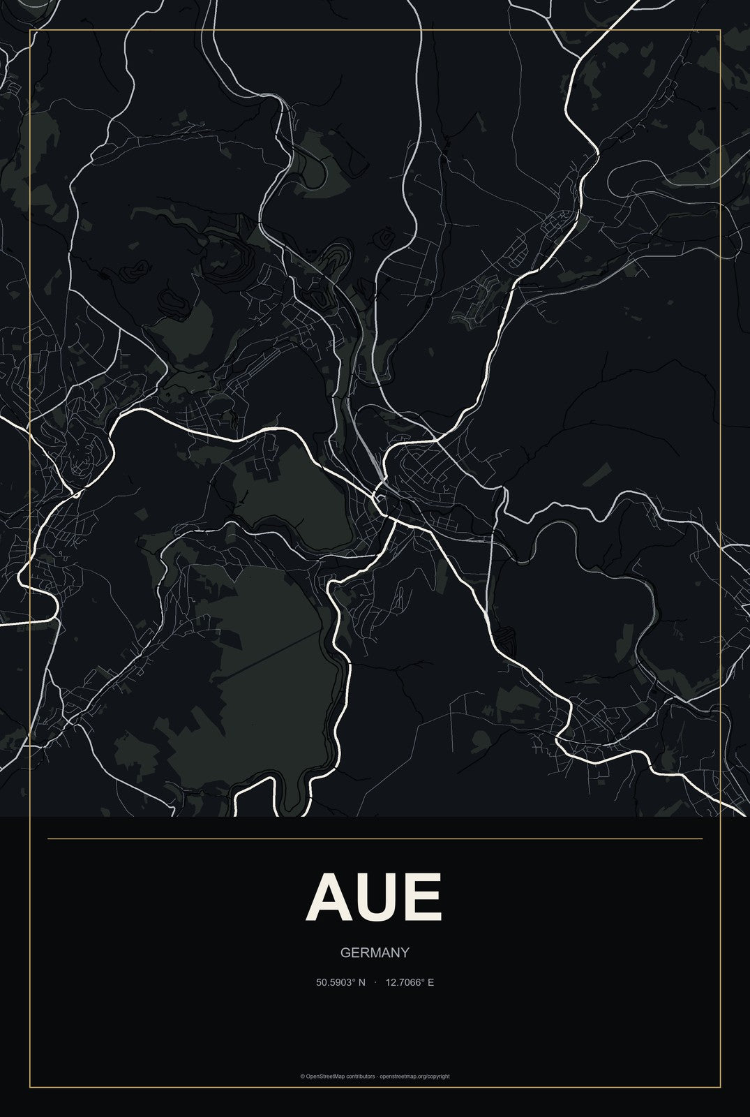 Aue, Germany City Map Aluminum Sign in Metropolitan Noir style