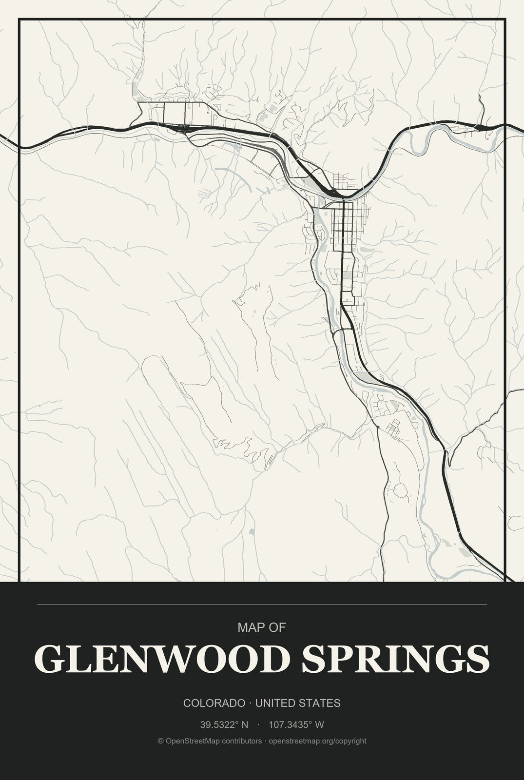 Glenwood Springs, Colorado City Map Aluminum Sign in Museum Plaque style