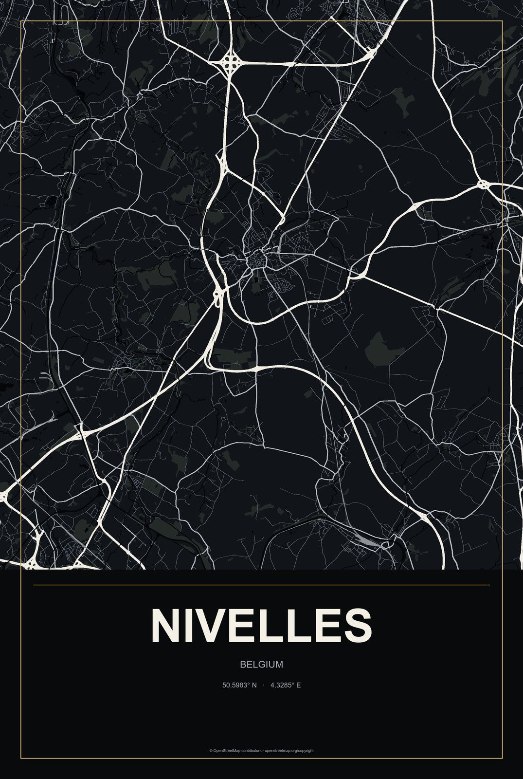 Nivelles, Belgium City Map Aluminum Sign in Metropolitan Noir style