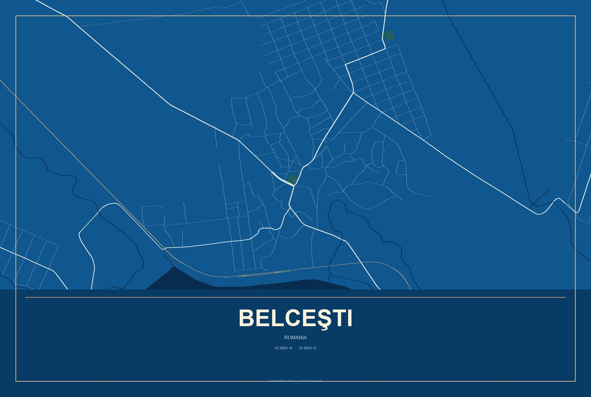Belceşti, Romania City Map Aluminum Sign in Harbor Cobalt style