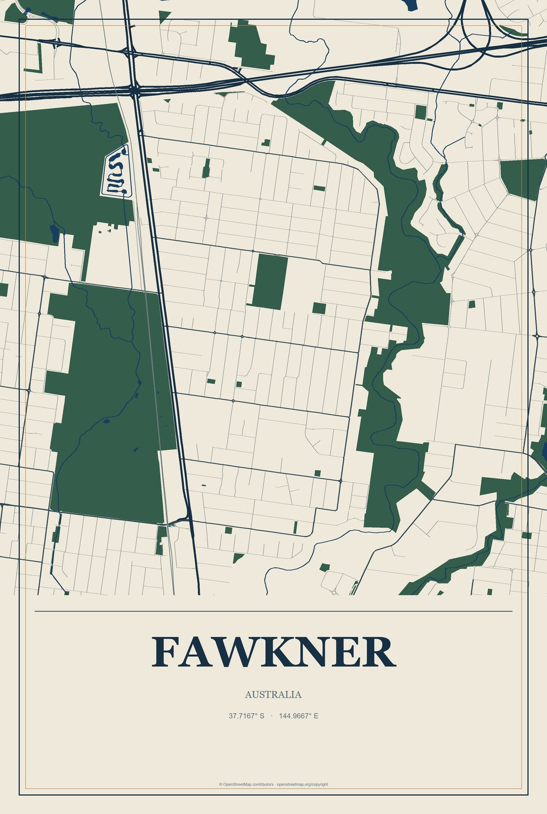 Fawkner, Australia City Map Aluminum Sign in Coastal Cutout style