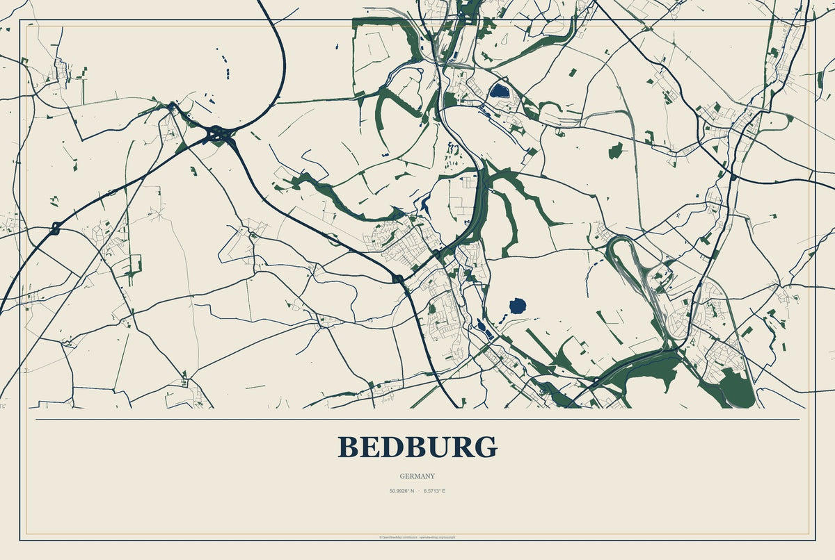 Bedburg, Germany City Map Aluminum Sign in Coastal Cutout style