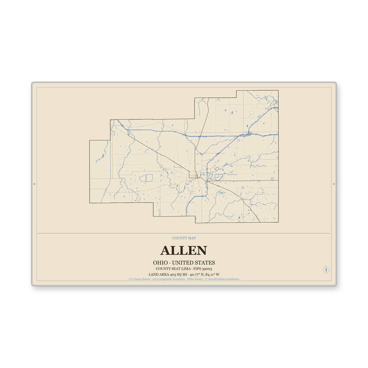 Allen County, Ohio Map Aluminum Sign in Heritage Nautical style