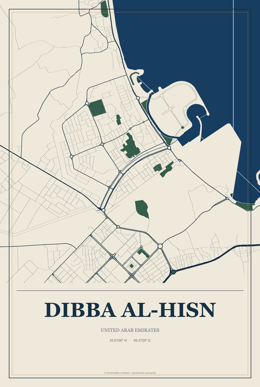 Dibba Al-Hisn, United Arab Emirates City Map Aluminum Sign in Coastal Cutout style