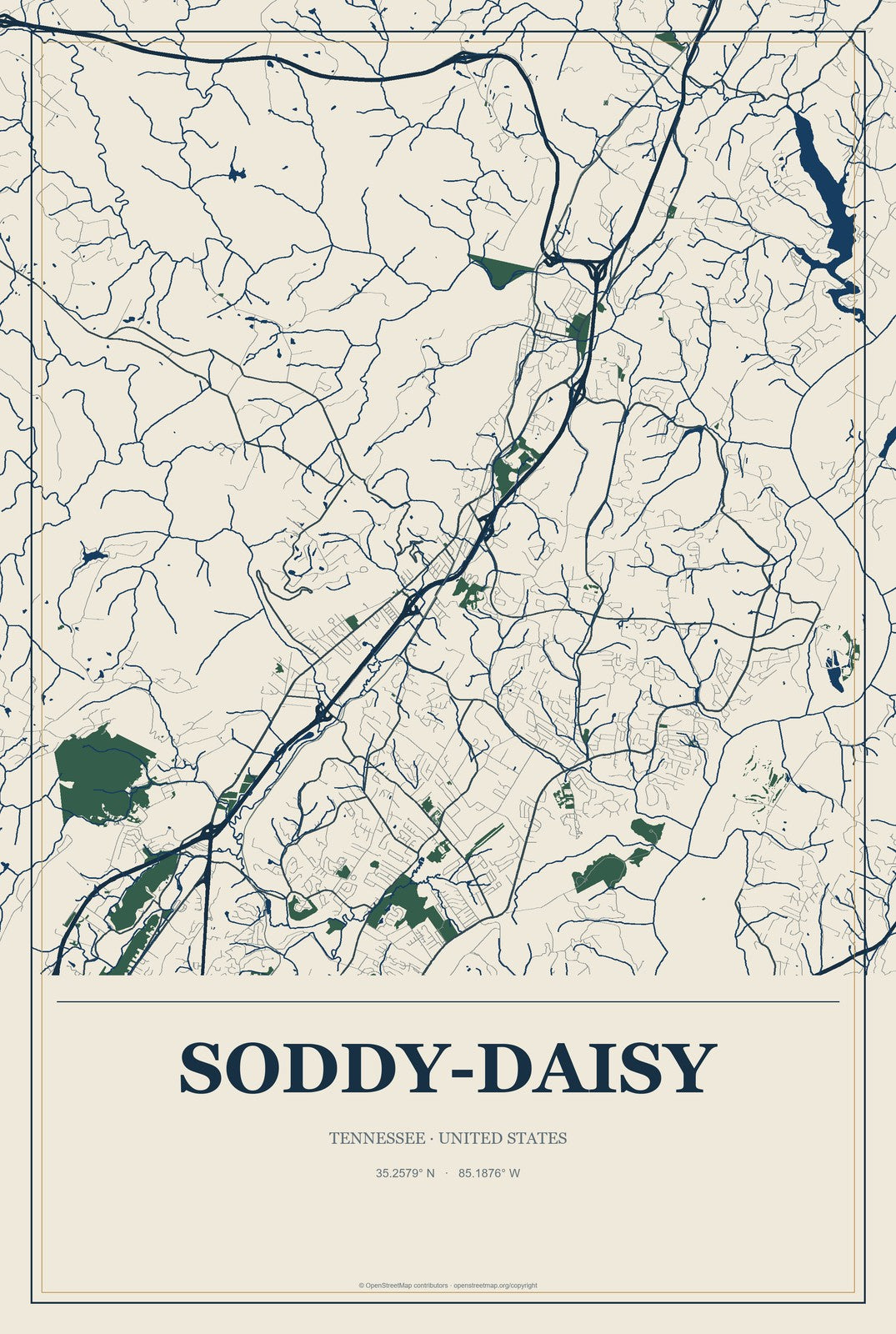Soddy-Daisy, Tennessee City Map Aluminum Sign in Coastal Cutout style