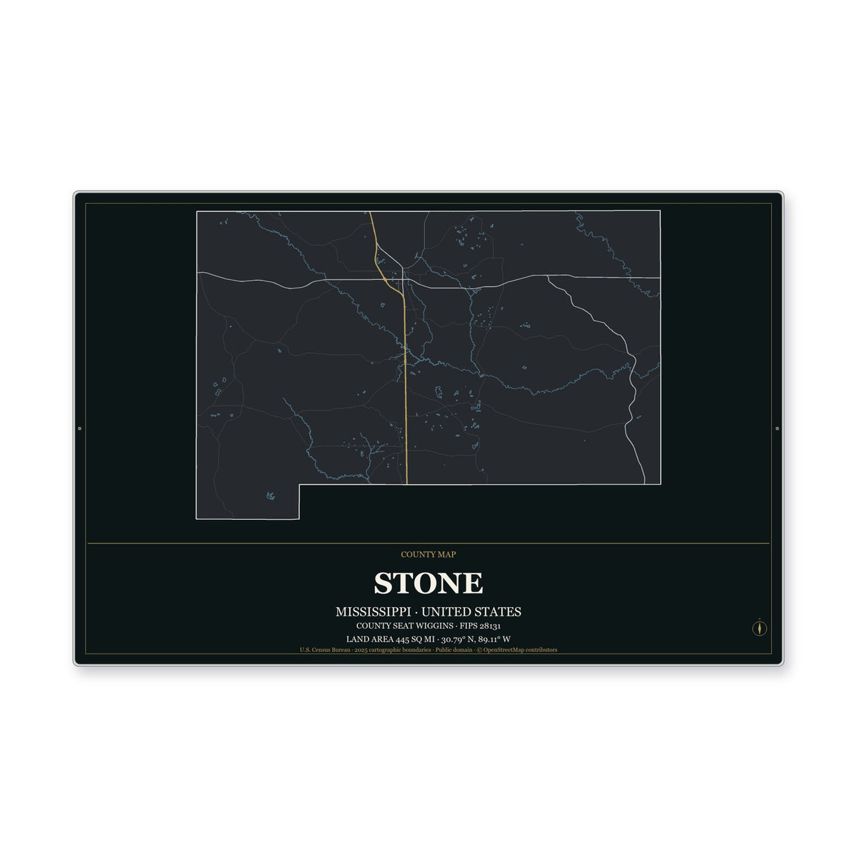 Stone County, Mississippi Map Aluminum Sign in Metropolitan Noir style