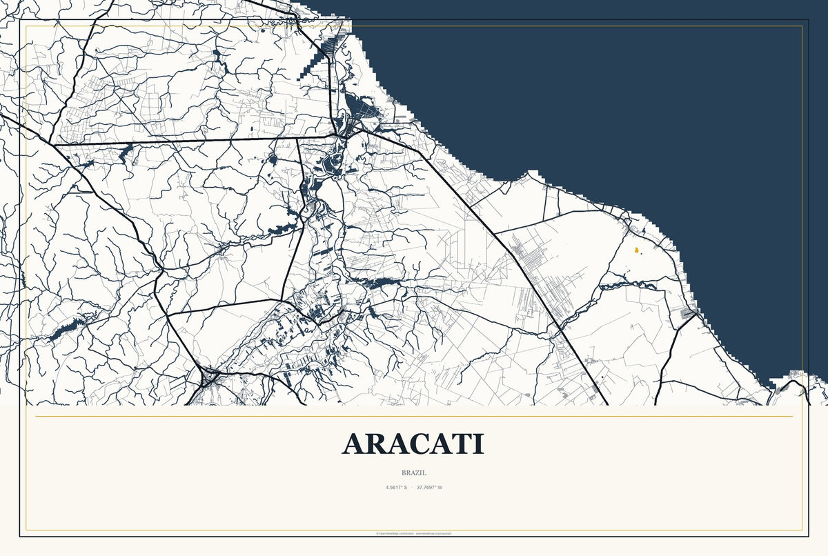 Aracati, Brazil City Map Aluminum Sign in Citrine Modern style