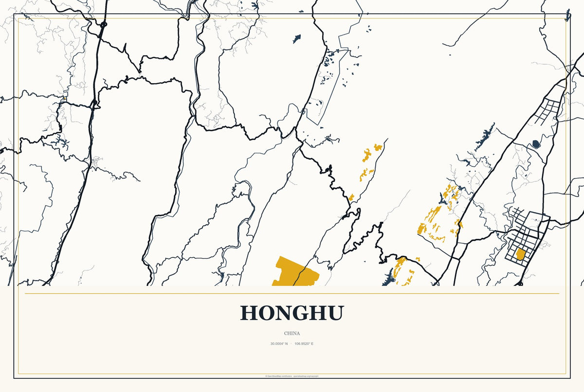 Honghu, China City Map Aluminum Sign in Citrine Modern style