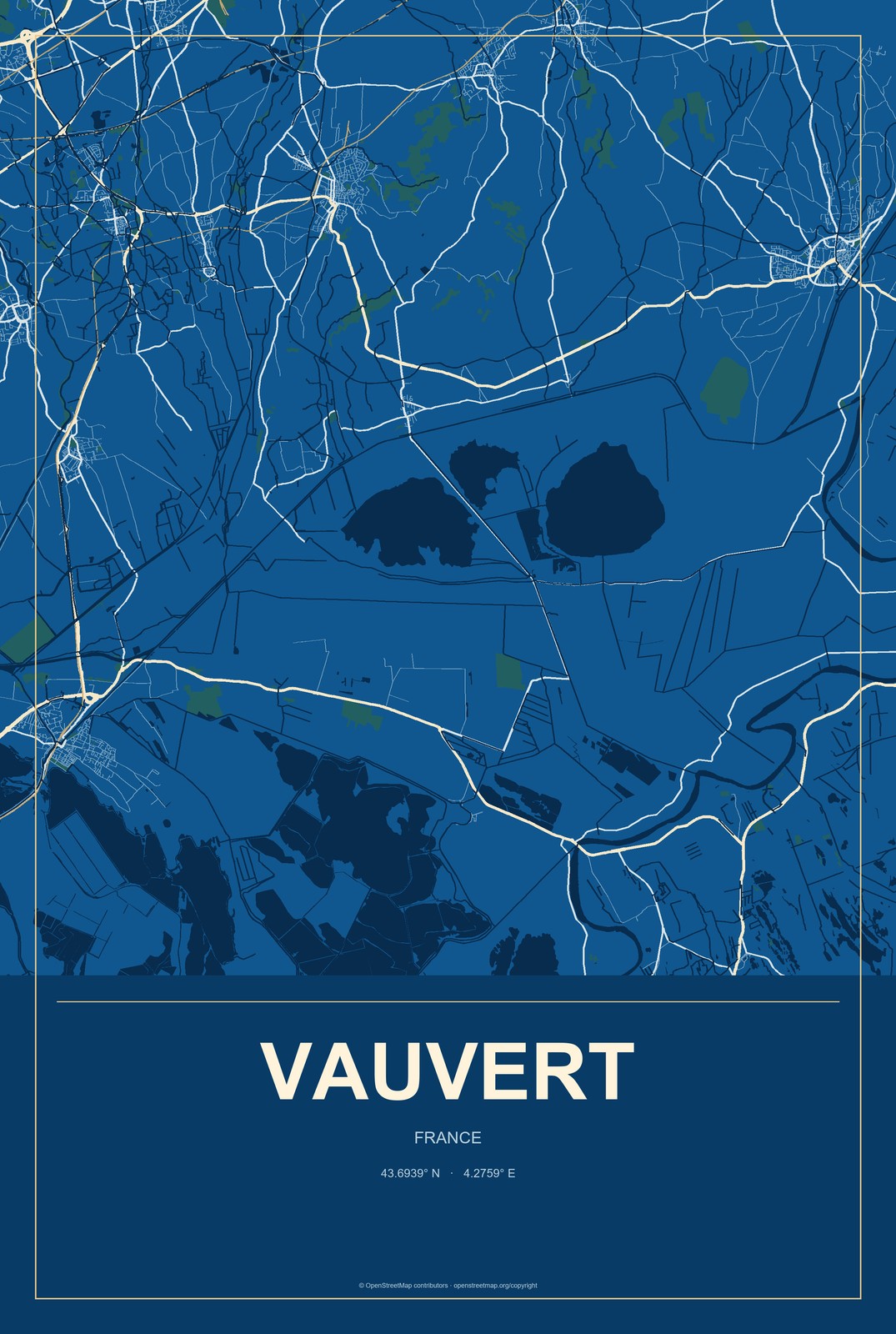 Vauvert, France City Map Aluminum Sign in Harbor Cobalt style