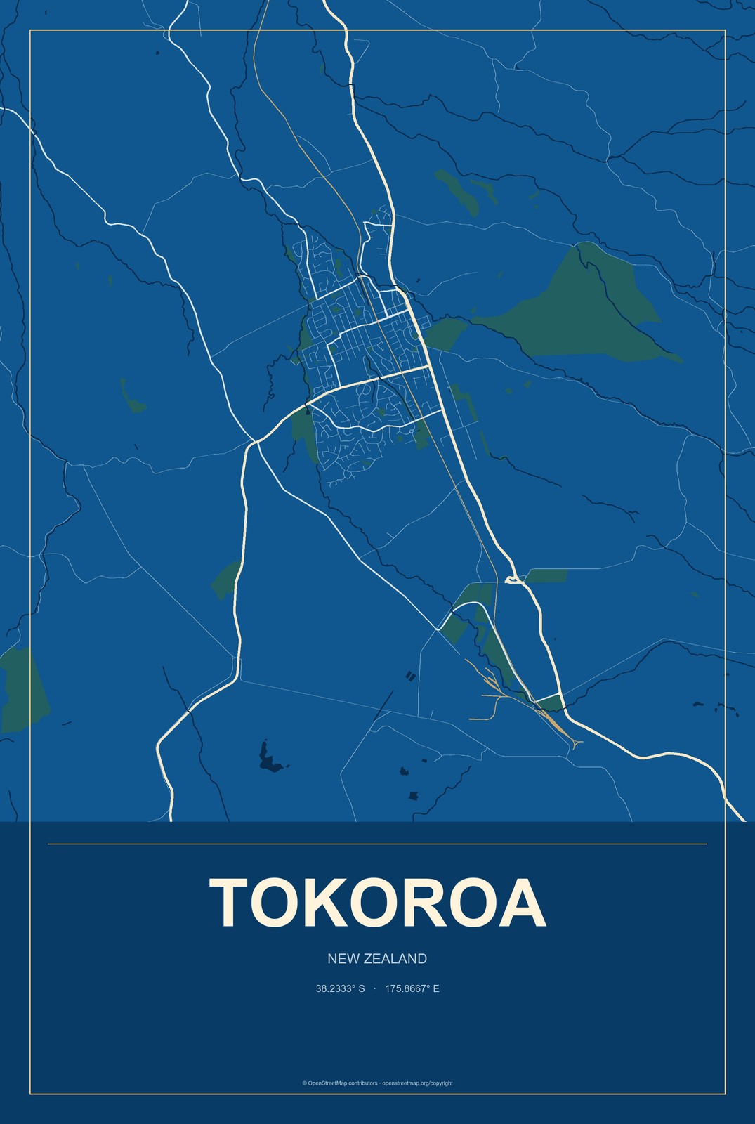 Tokoroa, New Zealand City Map Aluminum Sign in Harbor Cobalt style