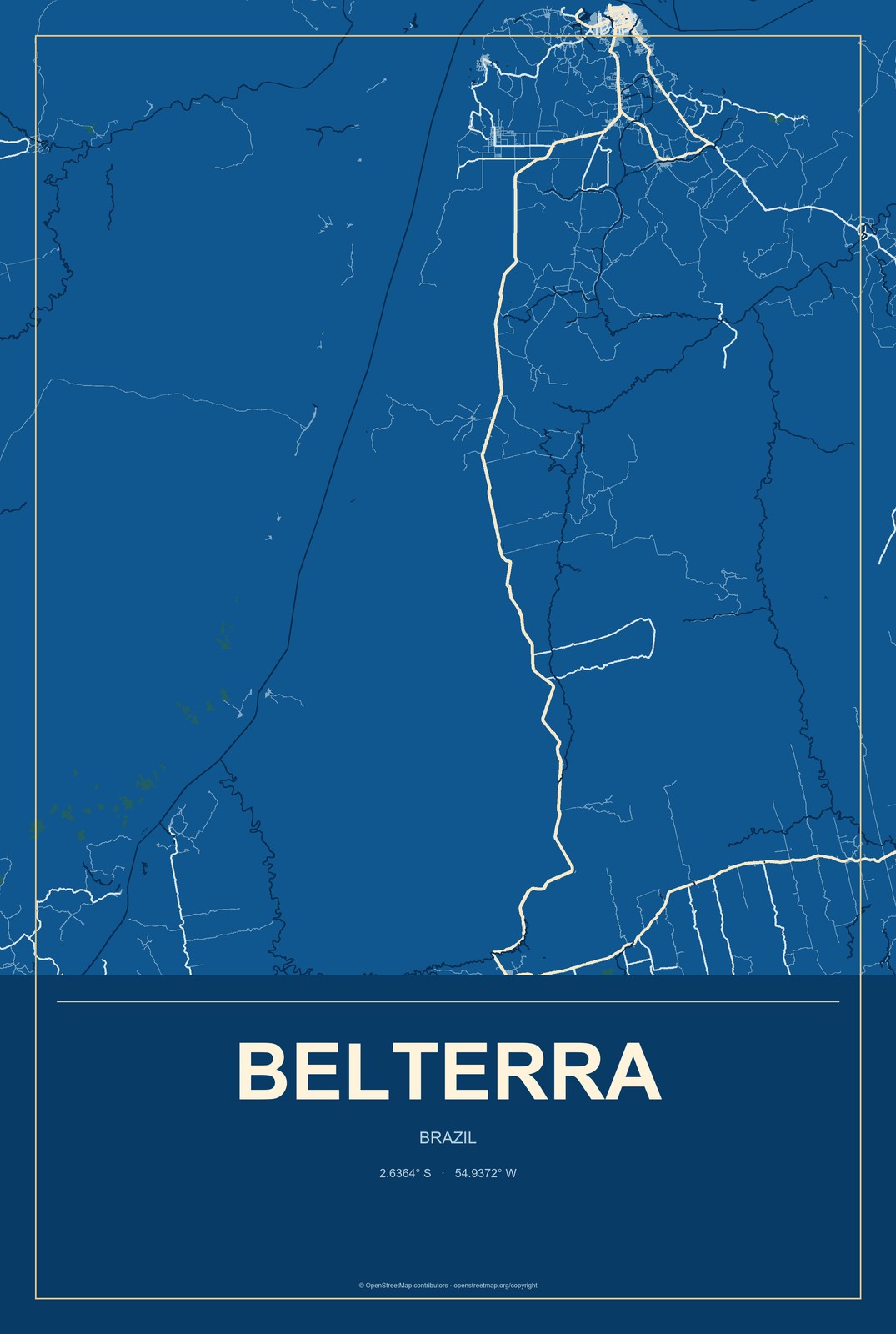 Belterra, Brazil City Map Aluminum Sign in Harbor Cobalt style